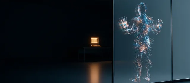 A luminous figure made of light presses its palms against the outside of a glass wall, with a small terminal glowing far inside the dark room beyond.