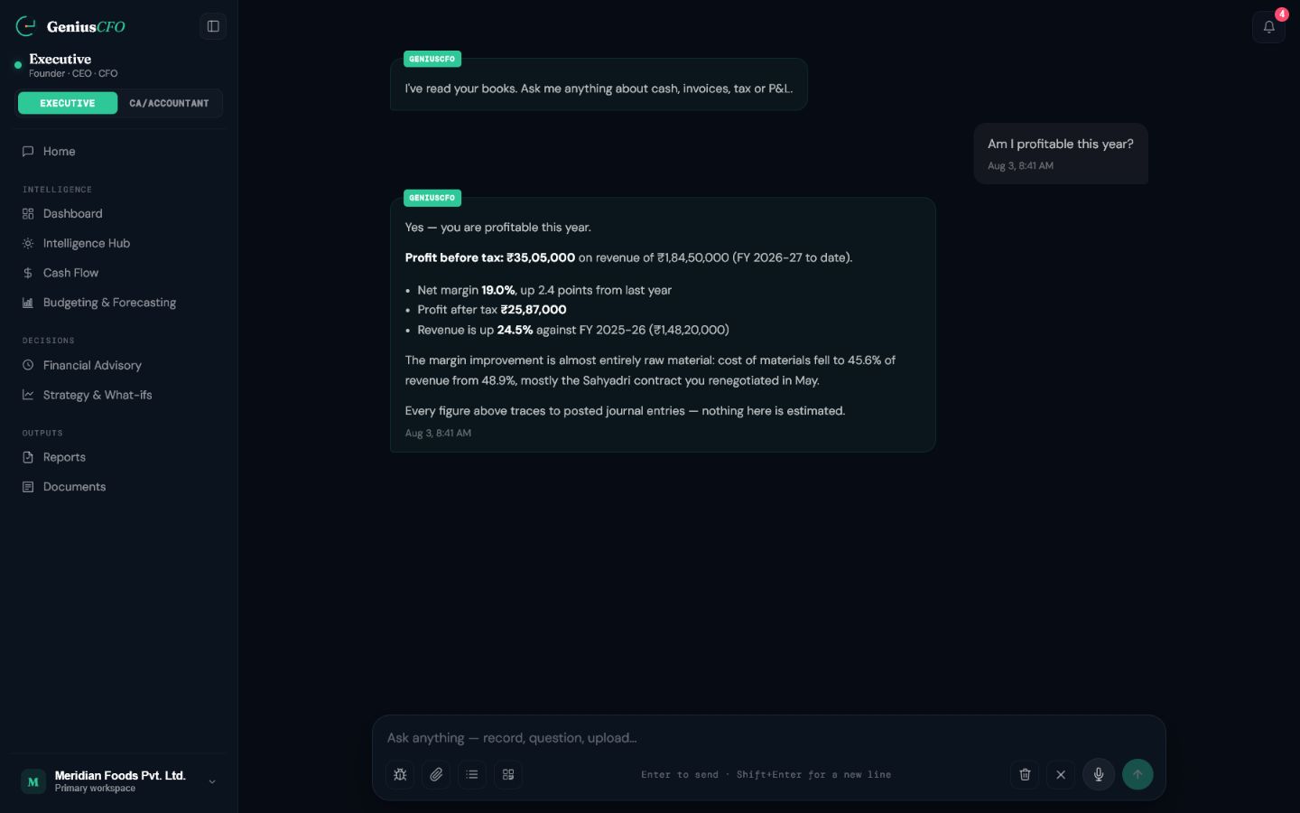Ask GeniusCFO with typed and voice input