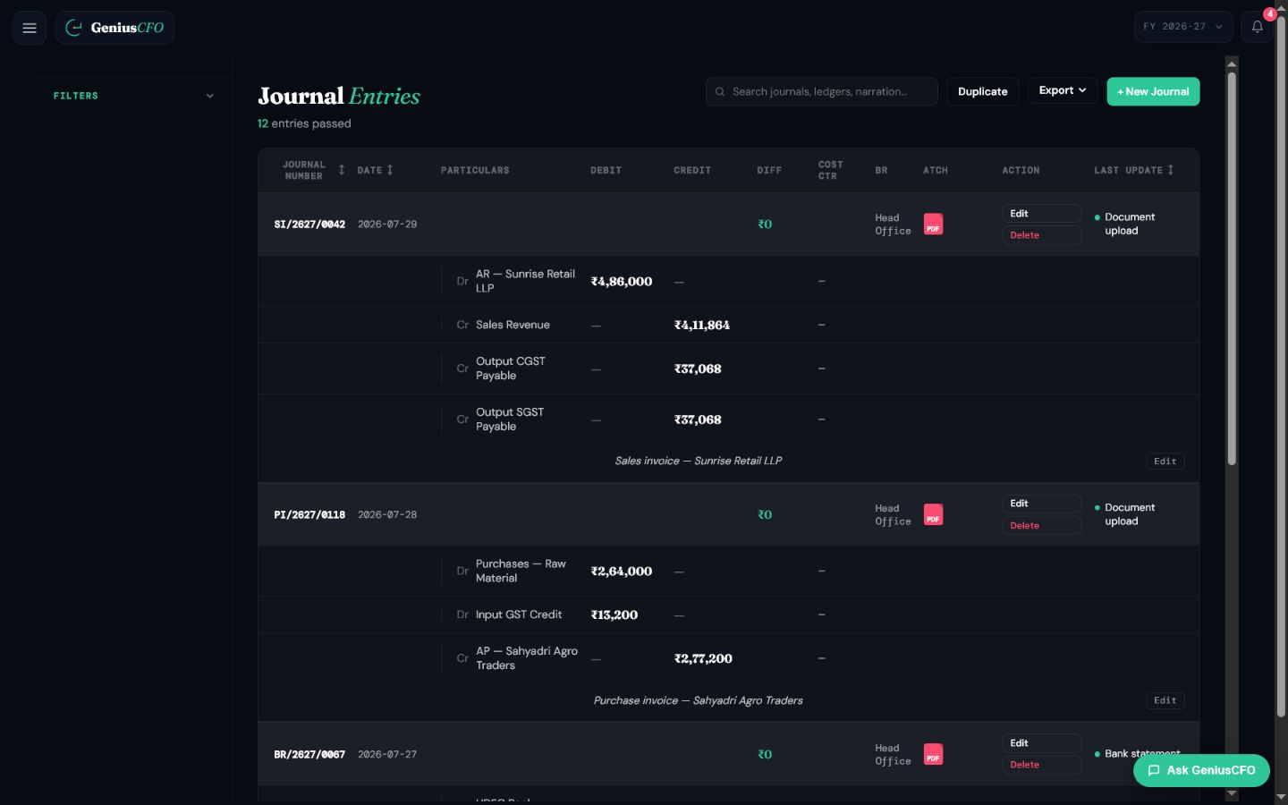 Automated journal entries with debit and credit lines