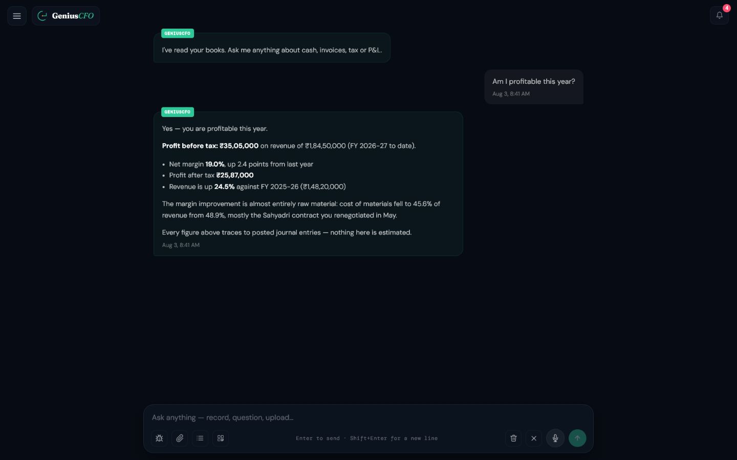Ask GeniusCFO answering a question about annual profit
