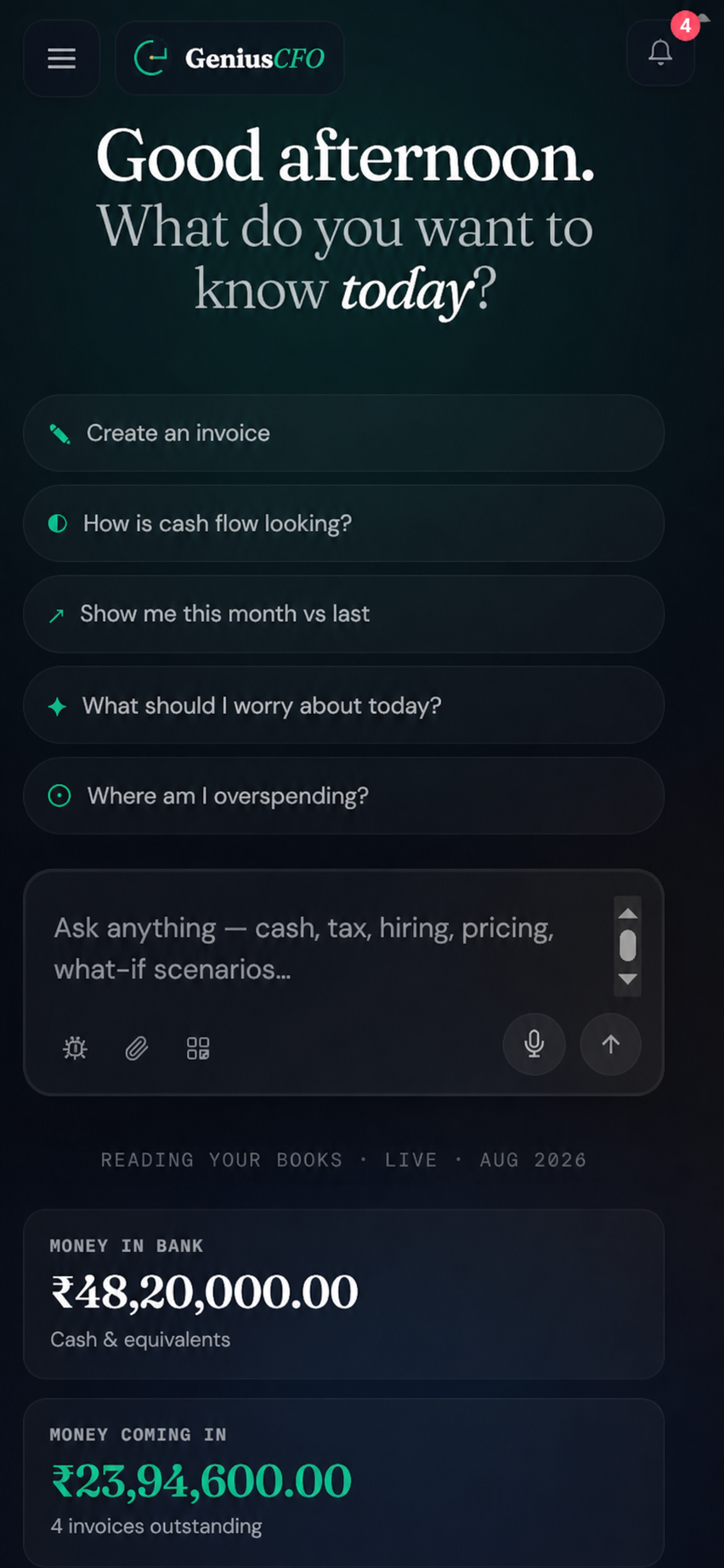 Mobile GeniusCFO screen with question prompts, voice input and current cash information