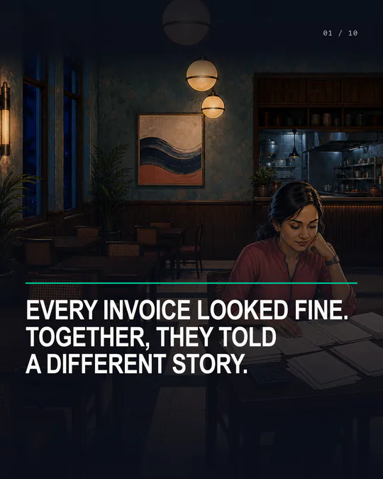 Meera sits at a table in Coastal House with supplier invoices under one lamp.