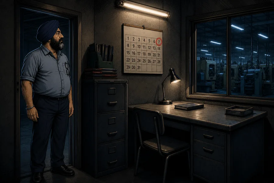 A small factory office at night. A wall calendar hangs beside the desk with the 7th circled in red pen, and the unit is visible through the window.