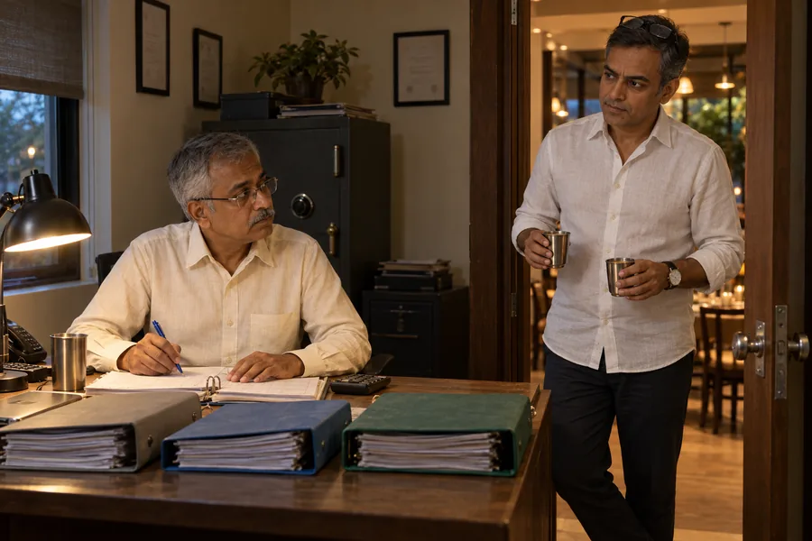 The owner stands in the doorway of the back office holding two cups of chai. The accountant looks up from three open files on his desk.