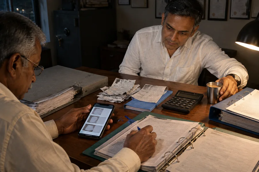 Late at night, the accountant writes in an open file with a phone full of photos of bills beside him. The owner sits across the desk with a cup of chai, watching.