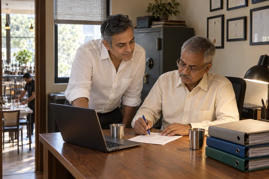In the morning, the accountant points at a single bill beside an open laptop while the owner leans in to look. The files are closed and stacked at the side.