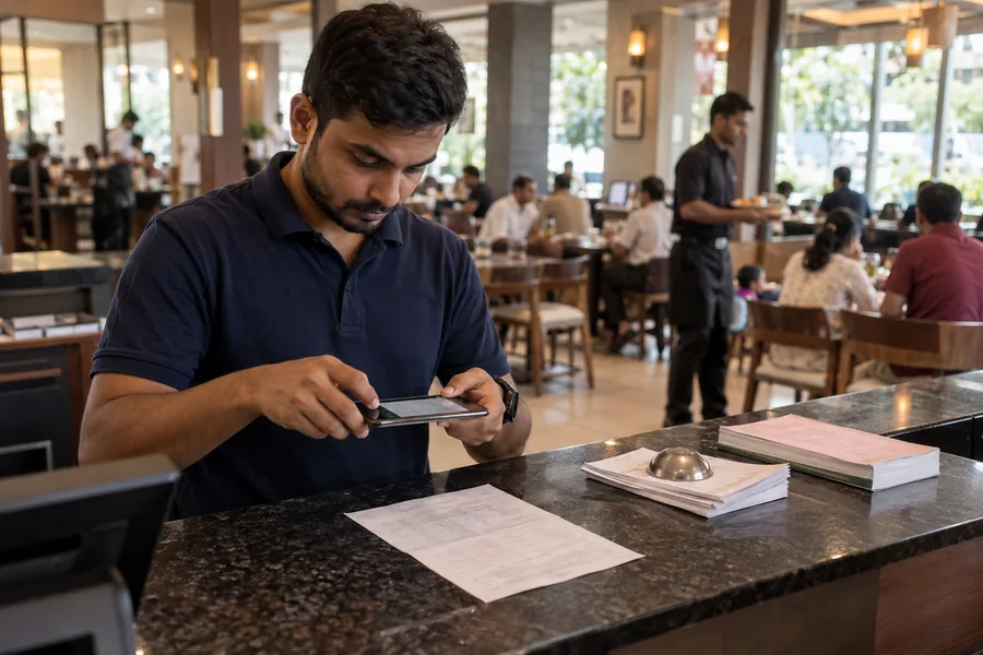 An outlet manager at the billing counter takes a photo of a purchase bill with his phone during lunch service.