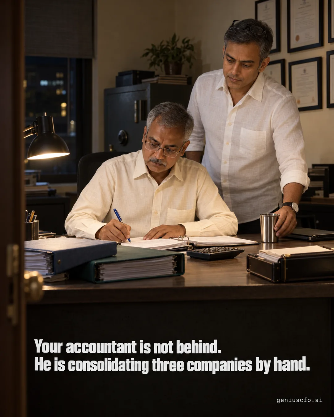 Late at night in a restaurant’s back office, the accountant writes in an open file while the owner stands behind him and sets down a cup of chai. The headline reads: Your accountant is not behind. He is consolidating three companies by hand.